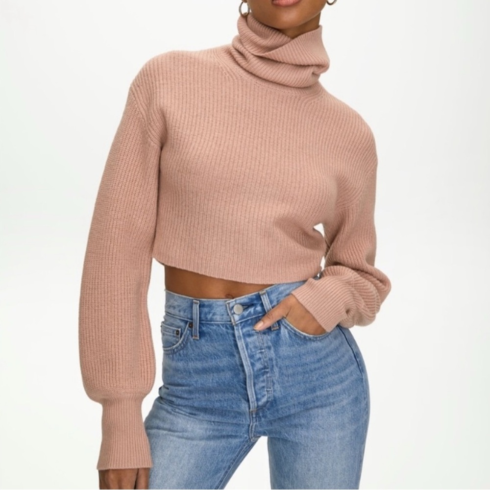 100% Wool Aritzia Wilfred Cropped Wool Turtleneck Sweater Mauve Pink Ribbed Knit